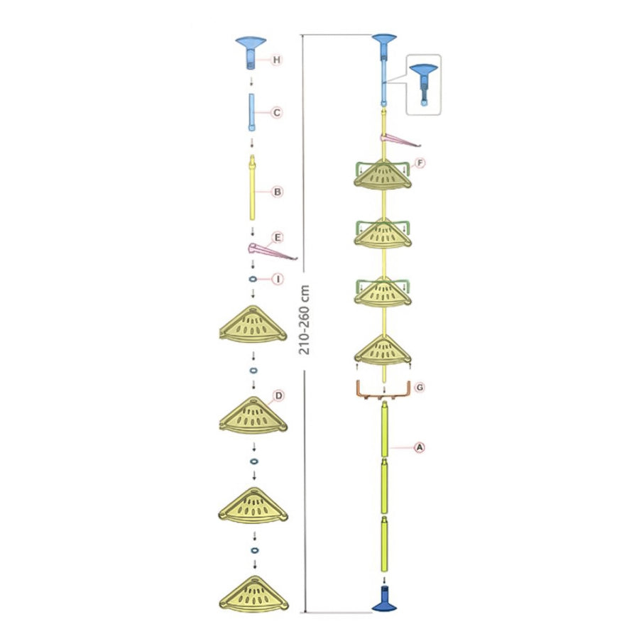 Raft de baie pentru colț, 4 polițe, înălțime reglabilă 2.10-2.60 m, alb ❘ D4827