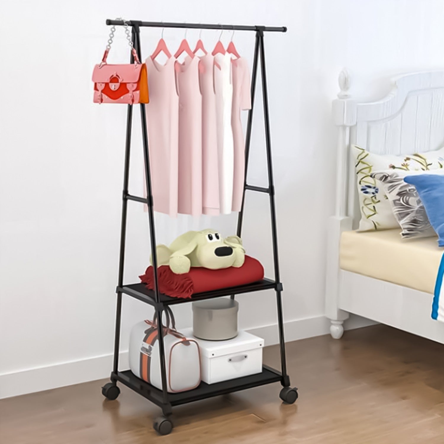 Cuier haine cu suport pentru pantofi, 160x55x42 cm, 2 polițe, metal, mobil, negru ❘ D4831-Cuier