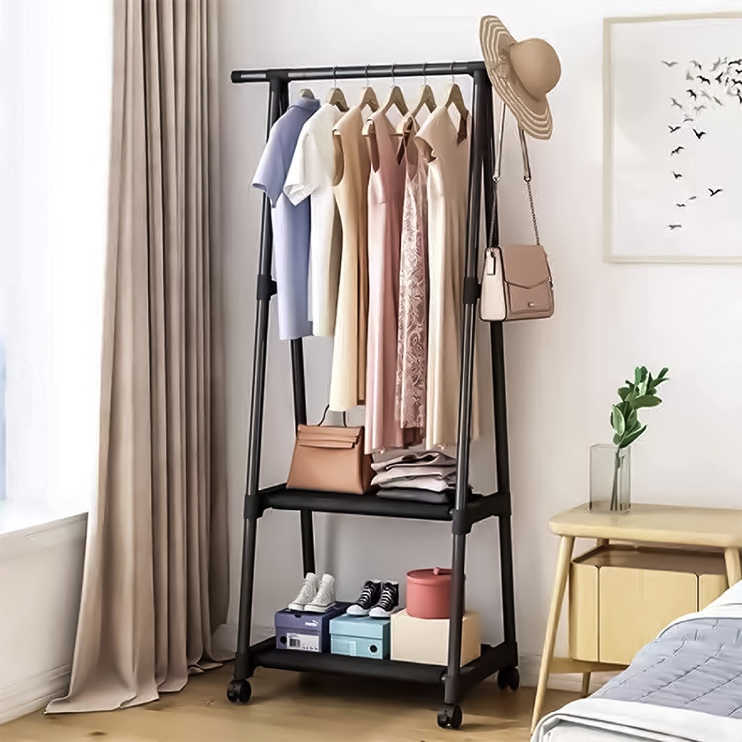 Cuier haine cu suport pentru pantofi, 160x55x42 cm, 2 polițe, metal, mobil, negru ❘ D4831-Cuier