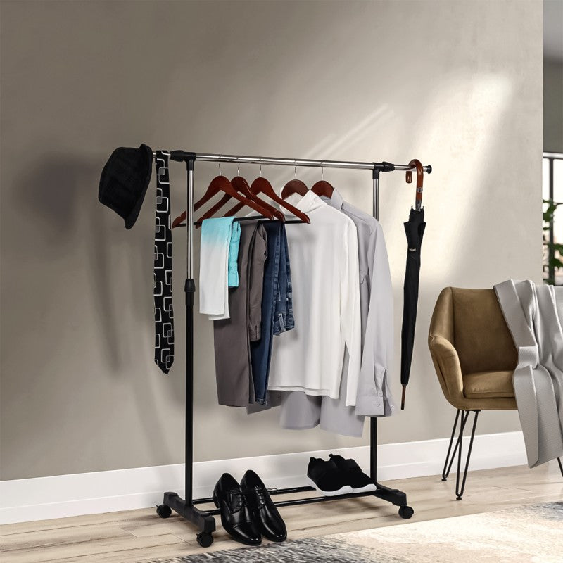 Suport umerașe mobil și reglabil + Suport metalic 5 cuiere, Inox/Negru ❘  D4836/D4506