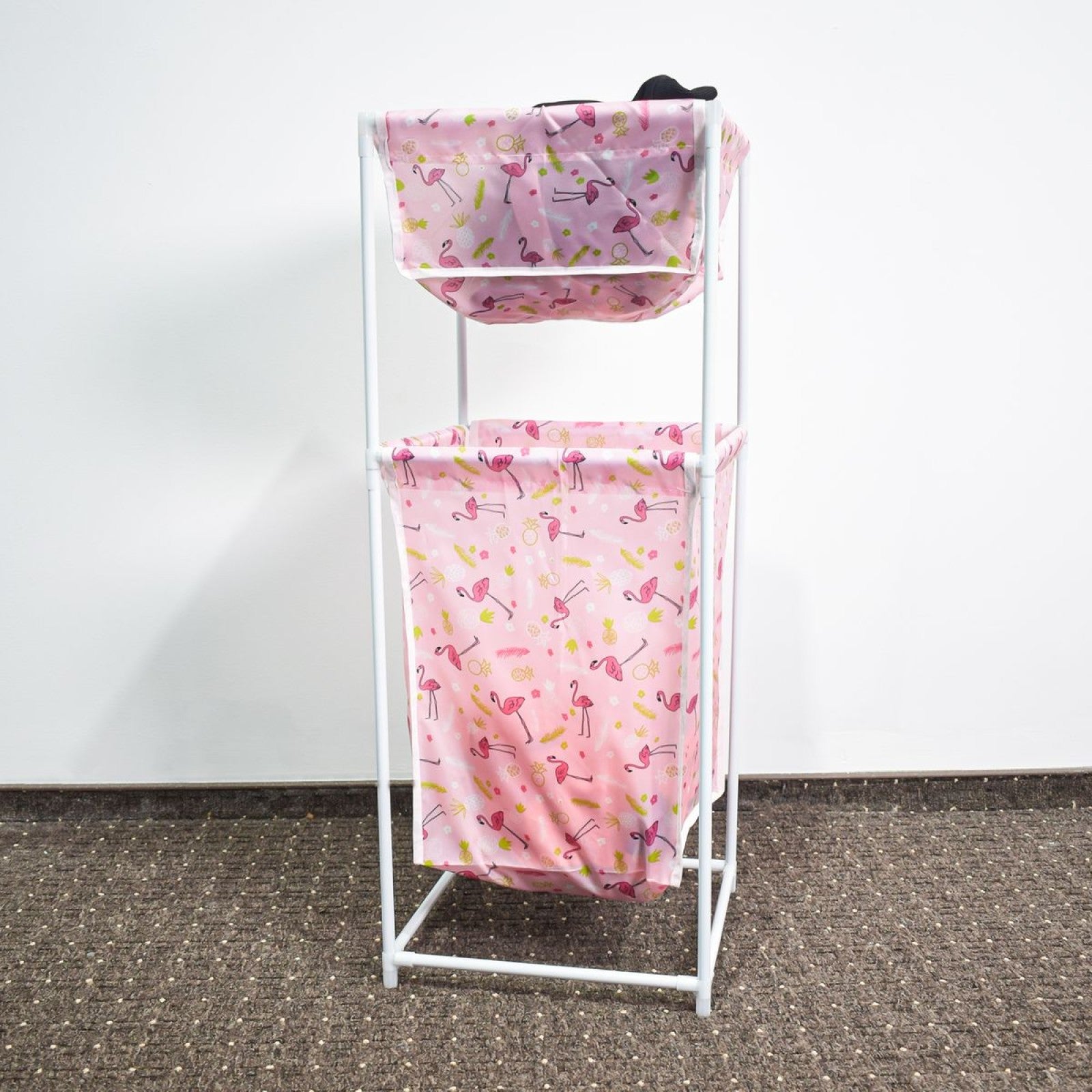 Cos de rufe, material textil, 2 niveluri + CADOU Suport prosoape din aluminiu cu carlige duble ❘ D4839+D6165