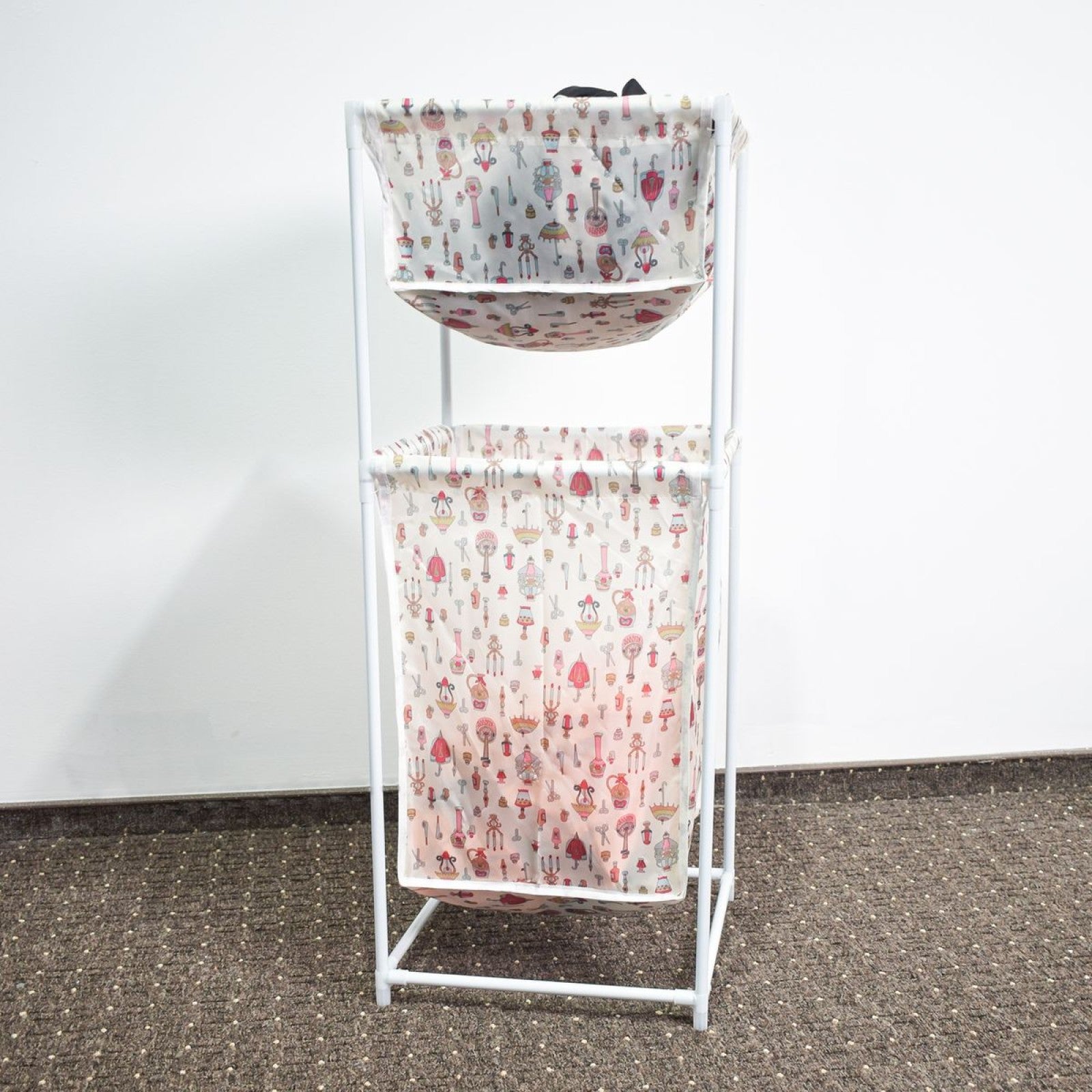 Cos de rufe, material textil, 2 niveluri + CADOU Suport prosoape din aluminiu cu carlige duble ❘ D4839+D6165