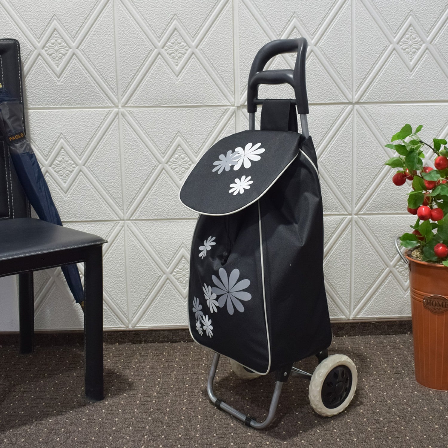 Cărucior de piață pliabil – 37L, cadru metalic, sac impermeabil, roți mari, mâner ergonomic, diverse culori ❘ D4942