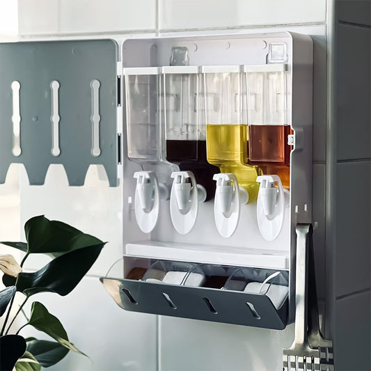 Suport condimente, 4 compartimente + 4 dozatoare pentru lichide, montare fără găurire, gri ❘ D5117-gri-suport-condimente