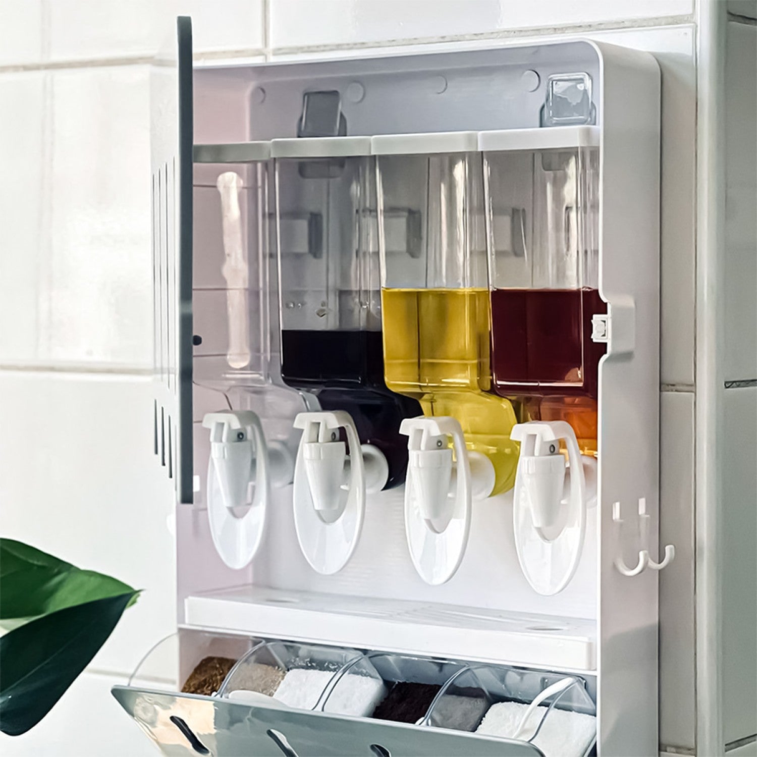 Suport condimente, 4 compartimente + 4 dozatoare pentru lichide, montare fără găurire, gri ❘ D5117-gri-suport-condimente