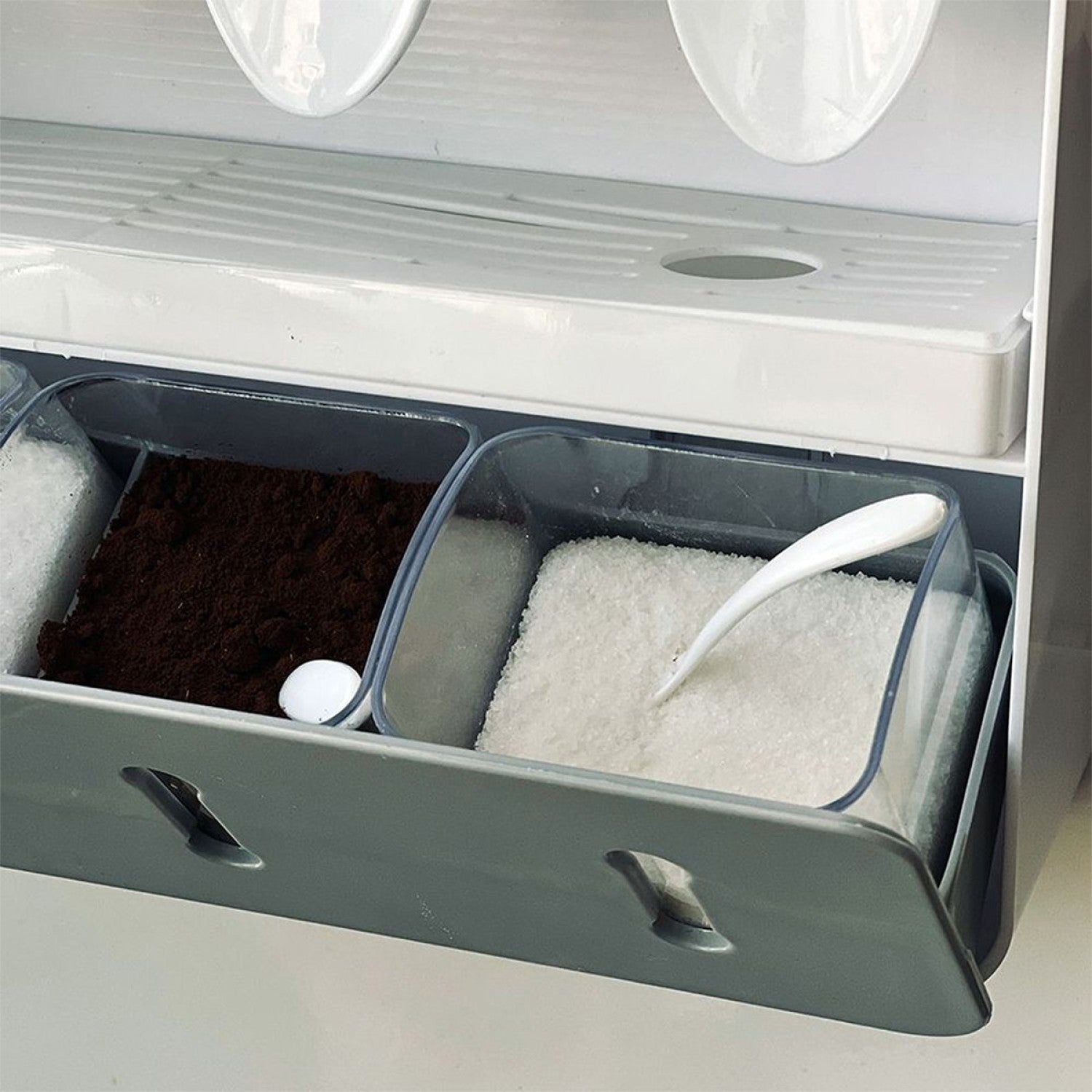 Suport condimente, 4 compartimente + 4 dozatoare pentru lichide, montare fără găurire, gri ❘ D5117-gri-suport-condimente