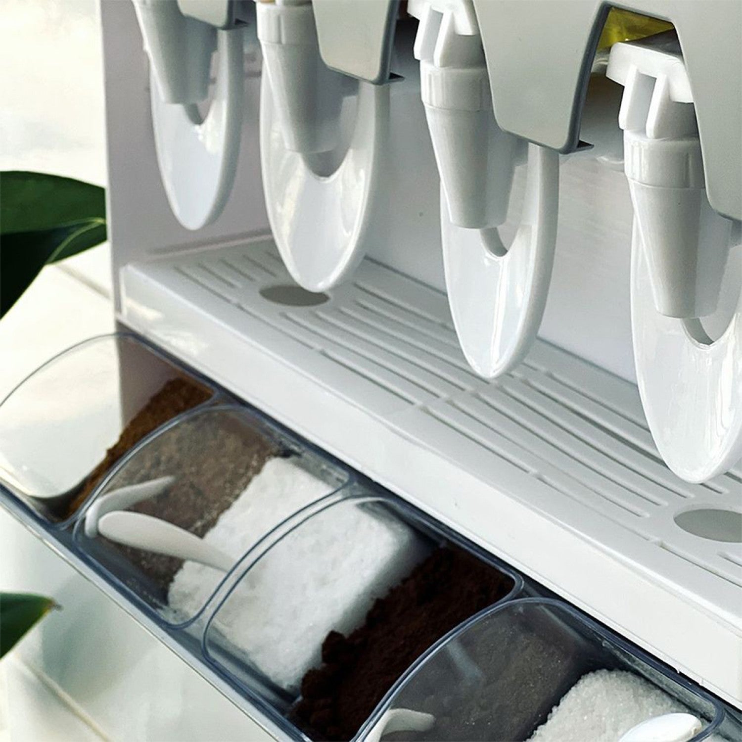 Suport condimente, 4 compartimente + 4 dozatoare pentru lichide, montare fără găurire, gri ❘ D5117-gri-suport-condimente