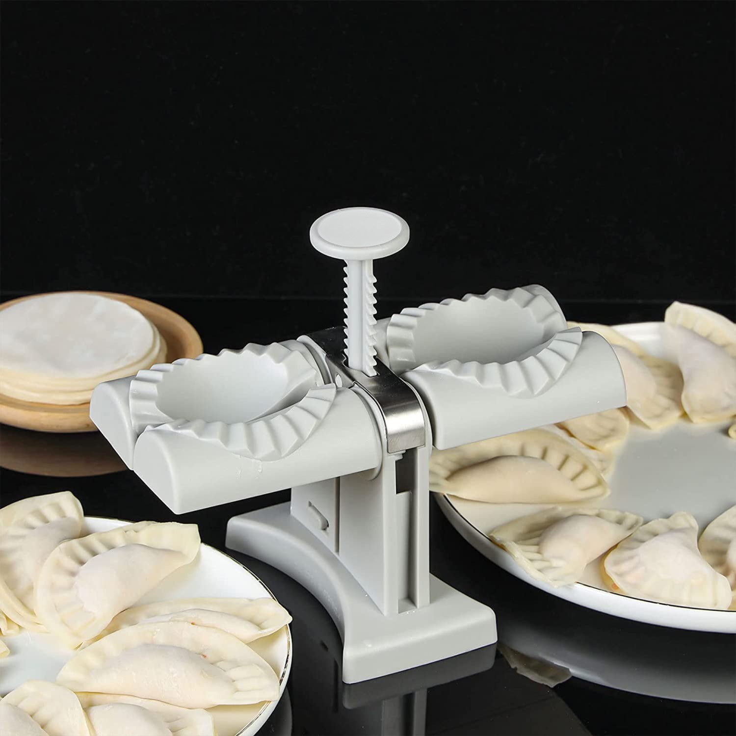 Set: Mini Tocător Manual Usturoi/Legume, Alb + Aparat pentru umplut găluște, colțunași, ravioli, Gri ❘ D5161 / D5133