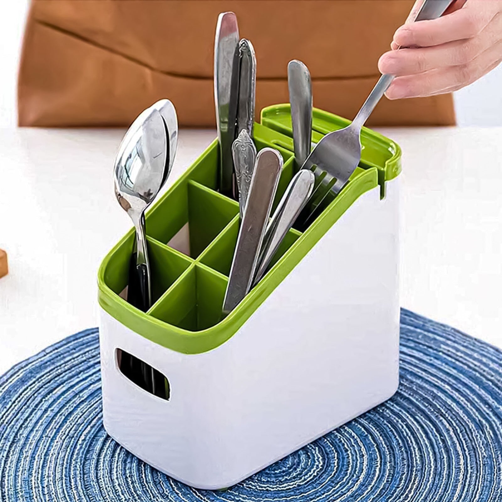 Set: Organizator tacâmuri, Verde + Recipient condimente, cu 4 linguri, Albastru | D5167  + D5274