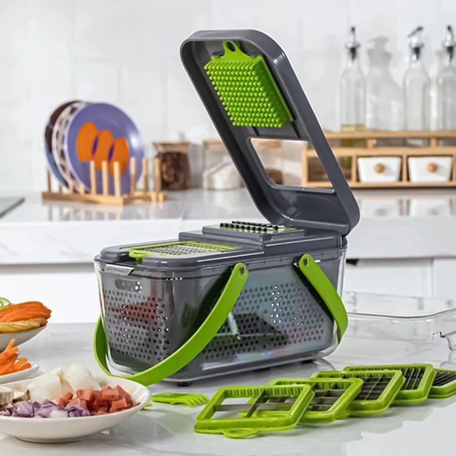 Răzătoare multifuncțională – 19 piese, lame inox, ideală pentru tăiere, feliere, răzuire, verde ❘ D5174-gri-razatoare