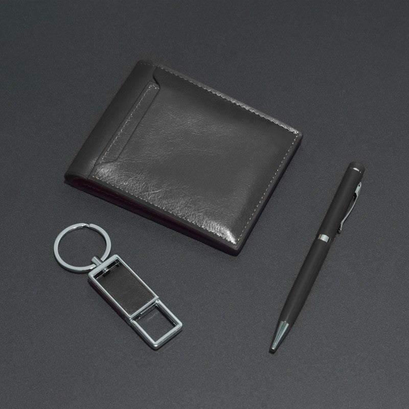 Set 3 piese: Portofel, Breloc, Pix,  Negru/Maro + CADOU - Tirbușon, Unghieră, Pix, Argintiu ❘  D5249/D5251