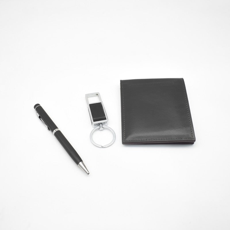 Set 3 piese: Portofel, Breloc, Pix,  Negru/Maro + CADOU - Tirbușon, Unghieră, Pix, Argintiu ❘  D5249/D5251