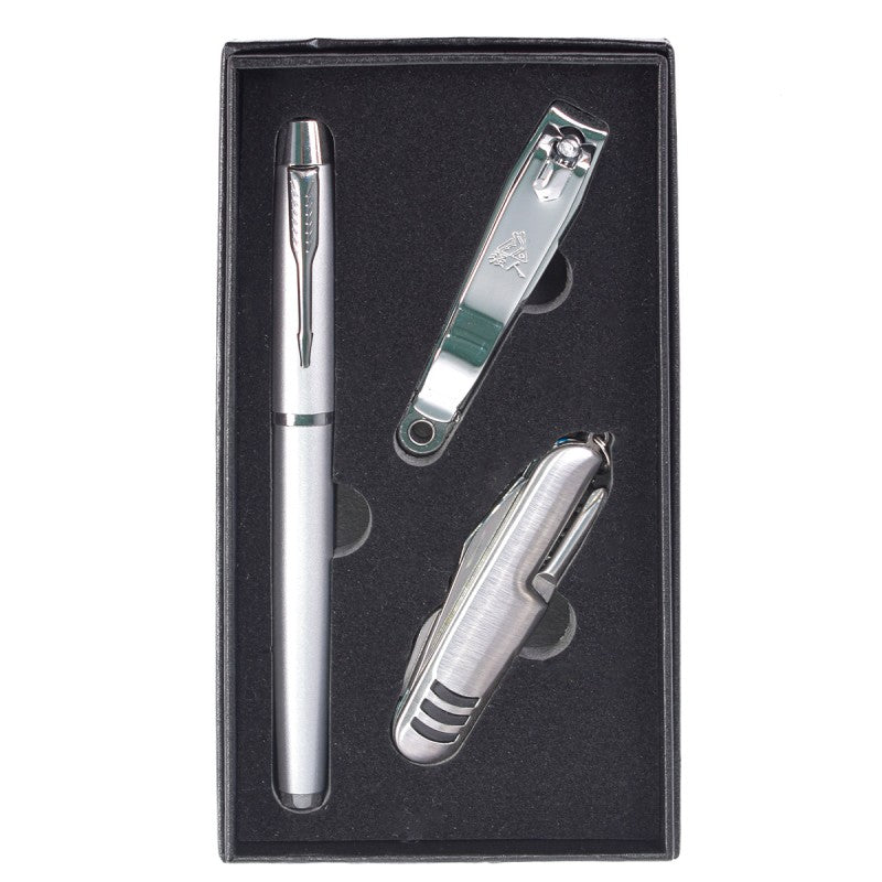 Set 3 piese: Portofel, Breloc, Pix,  Negru/Maro + CADOU - Tirbușon, Unghieră, Pix, Argintiu ❘  D5249/D5251