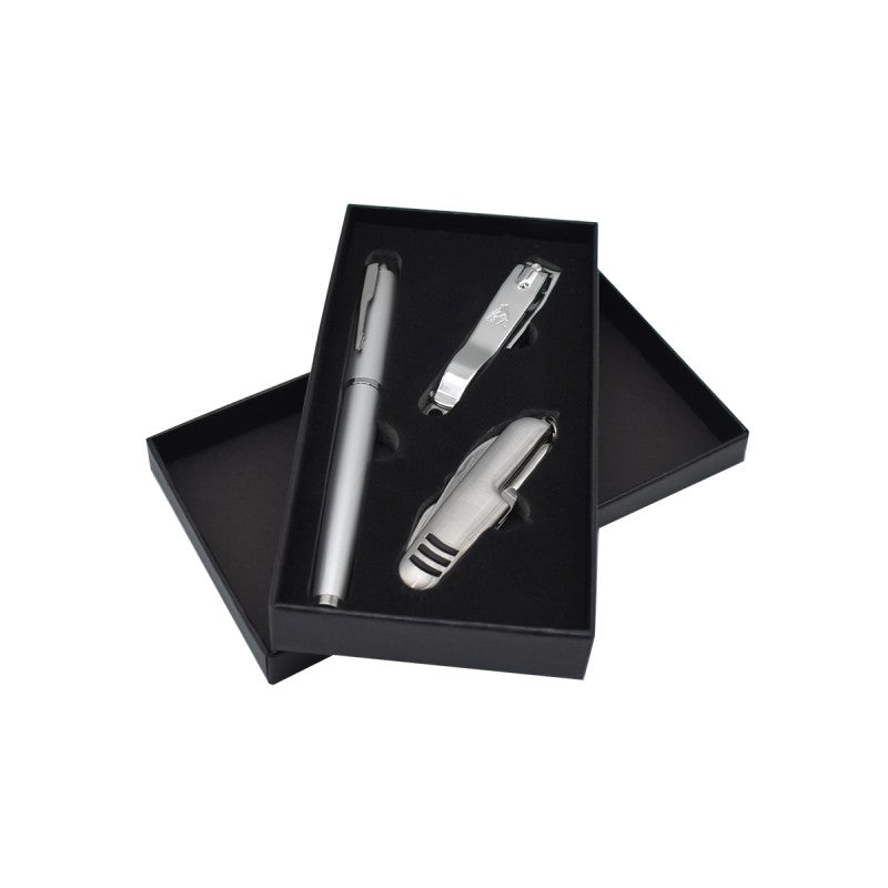 Set 3 piese: Portofel, Breloc, Pix,  Negru/Maro + CADOU - Tirbușon, Unghieră, Pix, Argintiu ❘  D5249/D5251