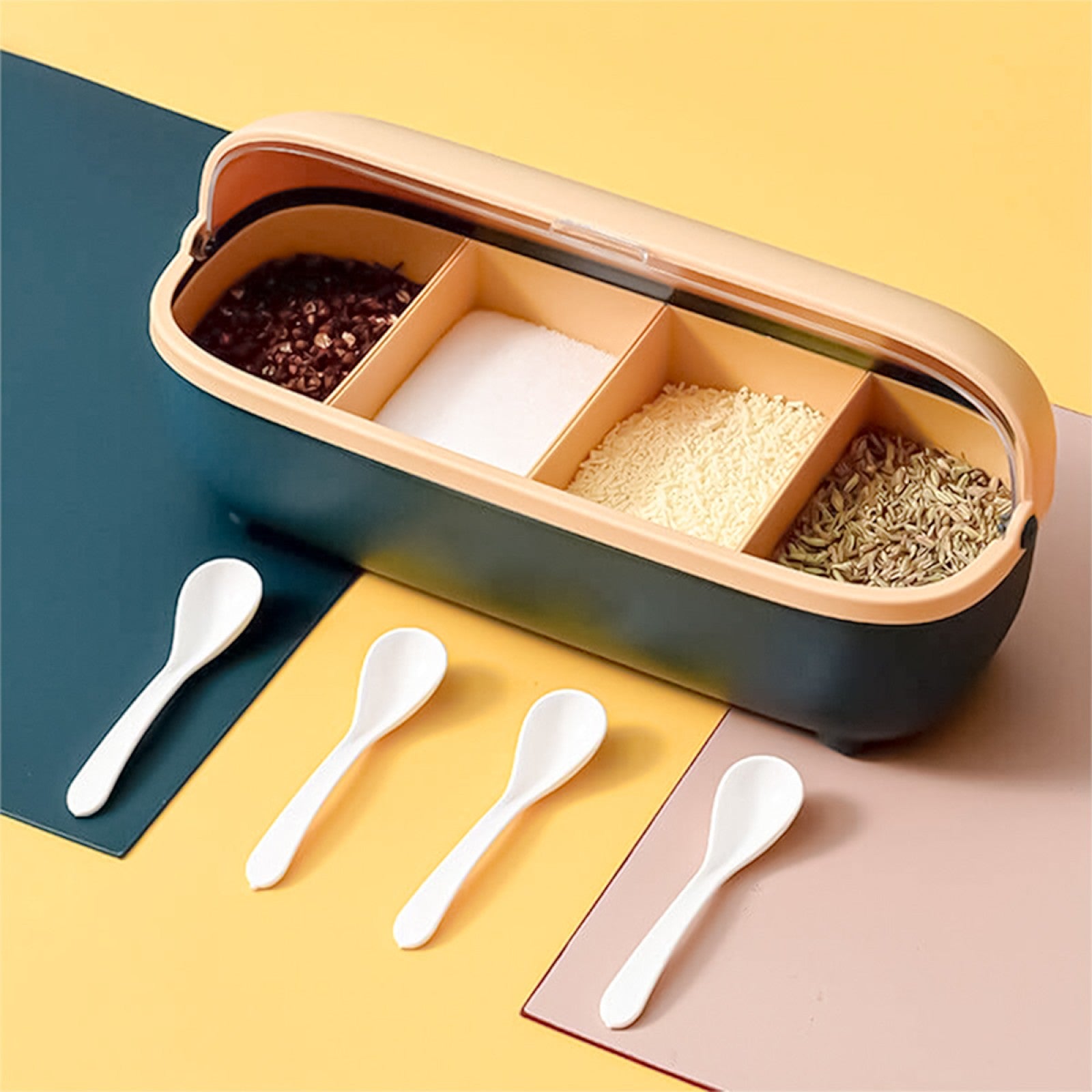 Set: Organizator tacâmuri, Verde + Recipient condimente, cu 4 linguri, Albastru | D5167  + D5274