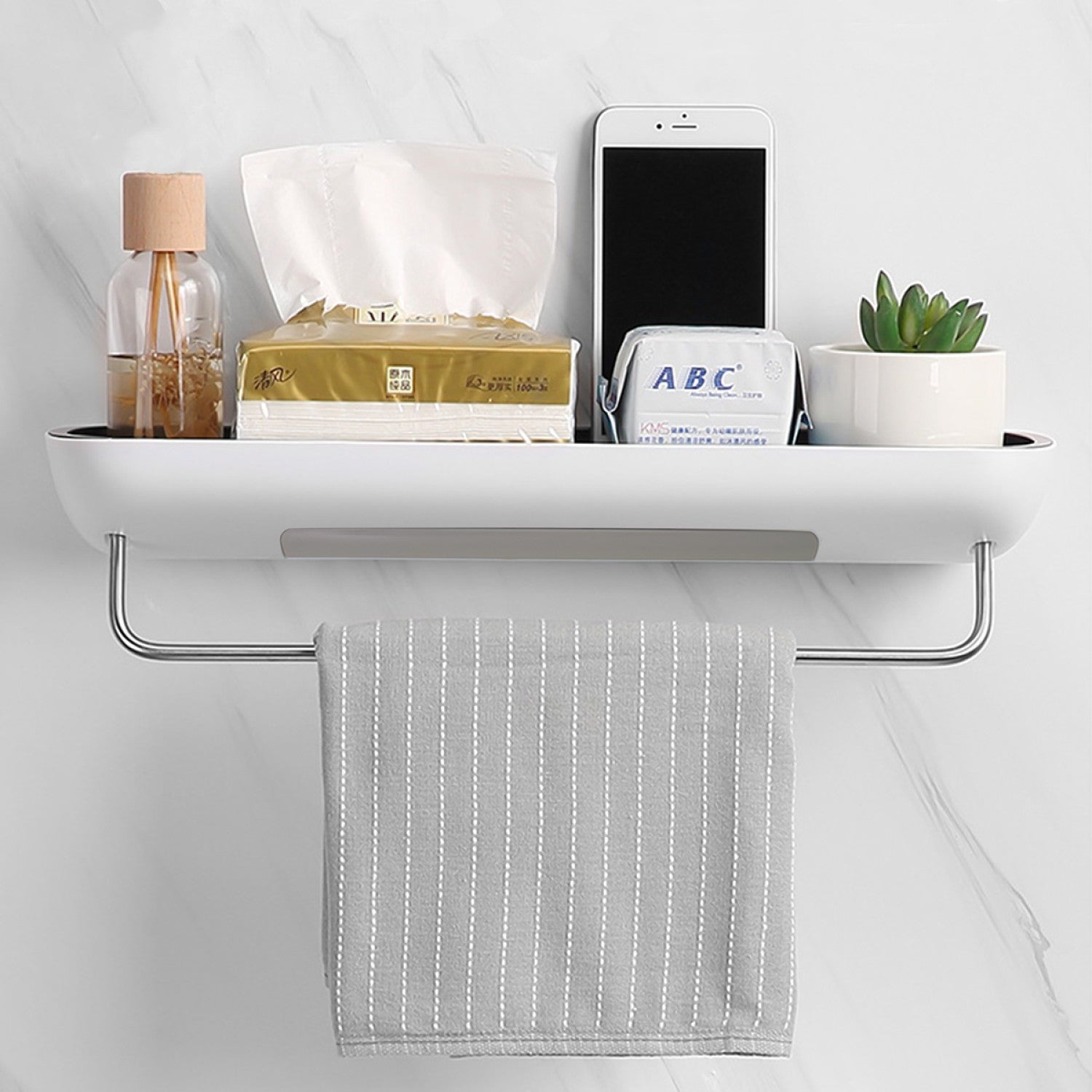 Etajeră baie, sistem scurgere apă, suport prosop, 42x12x10cm, Alb ❘ D5323