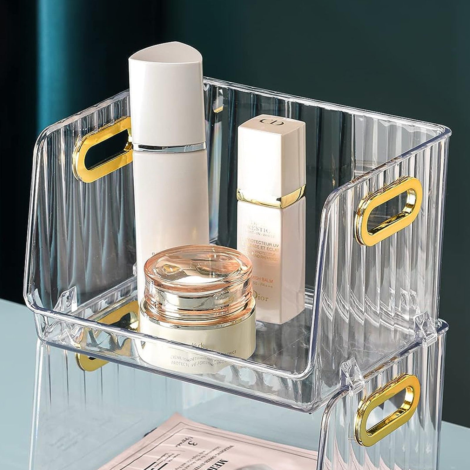 Set: Cutie depozitare cosmetice, Transparentă, 19x15x13cm + Organizator cosmetice, cu compartiment pentru ruj, ojă, Roz | D5354 + D5168