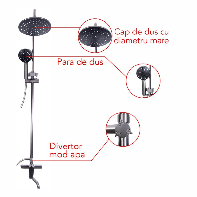 Coloană de Duș, cu Pară Fixă și Pară Mobilă, 3 Funcții, Oțel Inoxidabil, Argintiu ❘ D6136