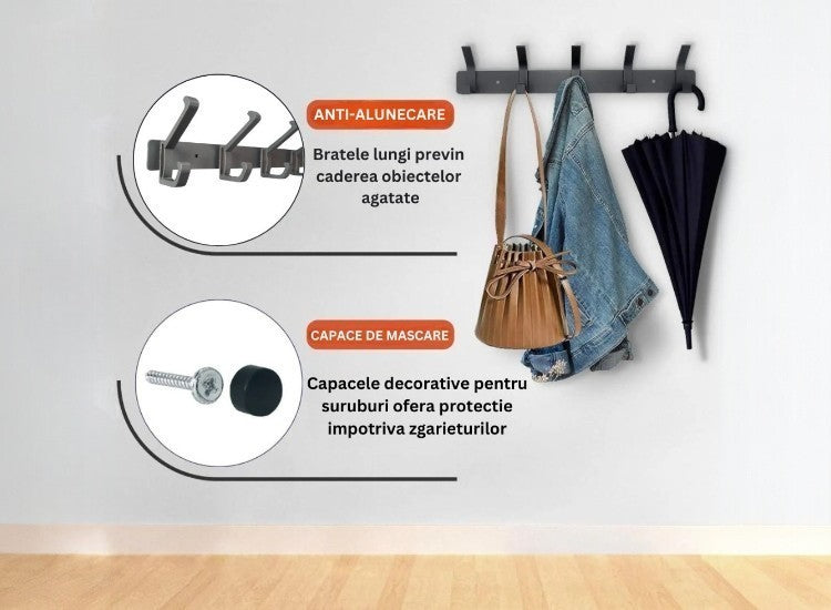 Cuier de perete modern cu 6 cârlige duble, 49 × 6.5 × 3.5 cm, Aluminiu, Gri ❘ D6168