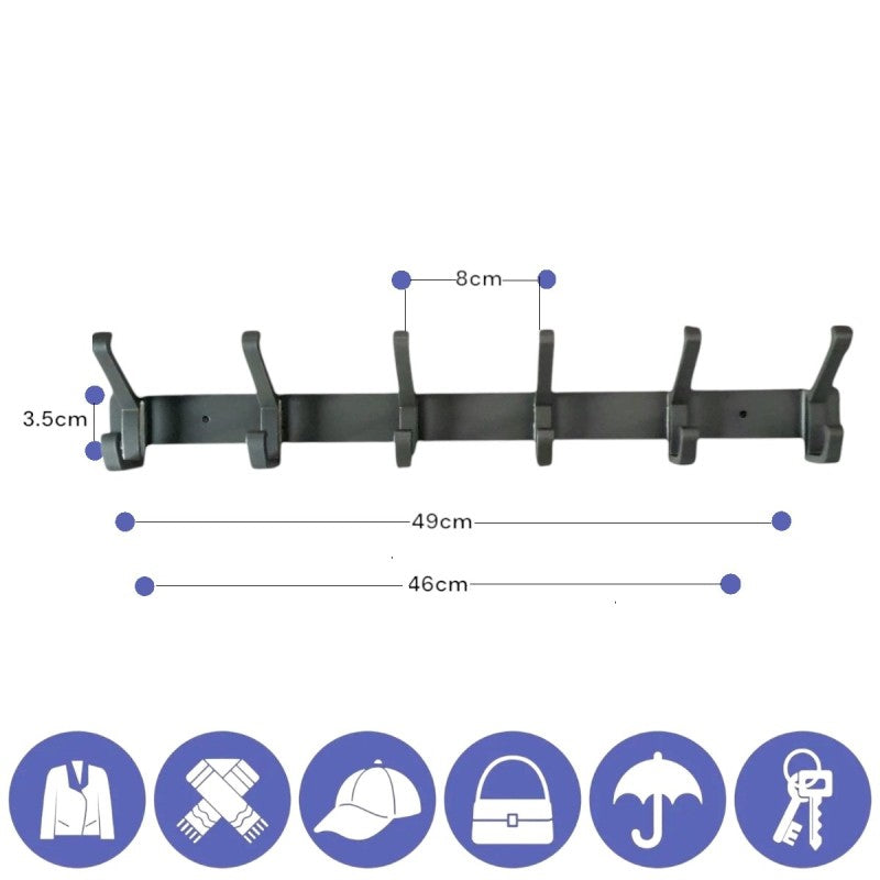Cuier de perete modern cu 6 cârlige duble, 49 × 6.5 × 3.5 cm, Aluminiu, Gri ❘ D6168
