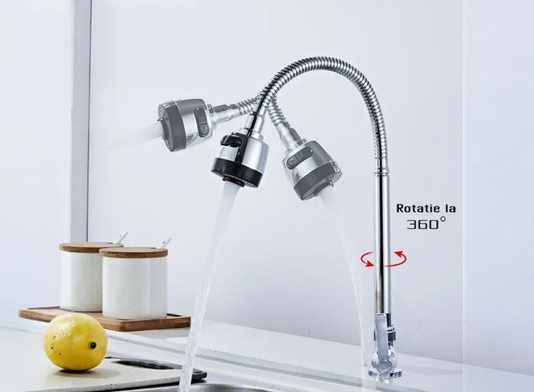 Baterie chiuvetă Naimeed pentru o singură alimentare (apă caldă sau rece) – design modern, rotire 360° și 2 moduri de jet, Argintiu ❘ D6183