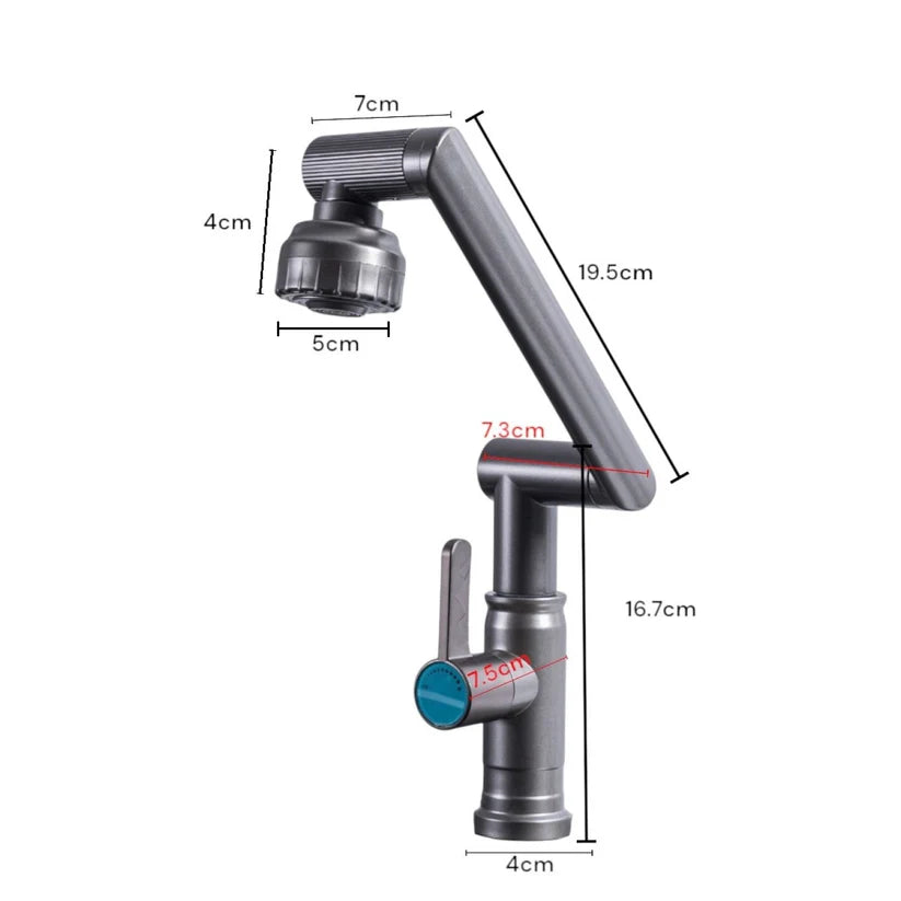 Baterie chiuvetă Naimeed pentru o singură alimentare (apă caldă sau rece) – design modern, rotire 360° și 2 moduri de jet, Gri ❘ D6186