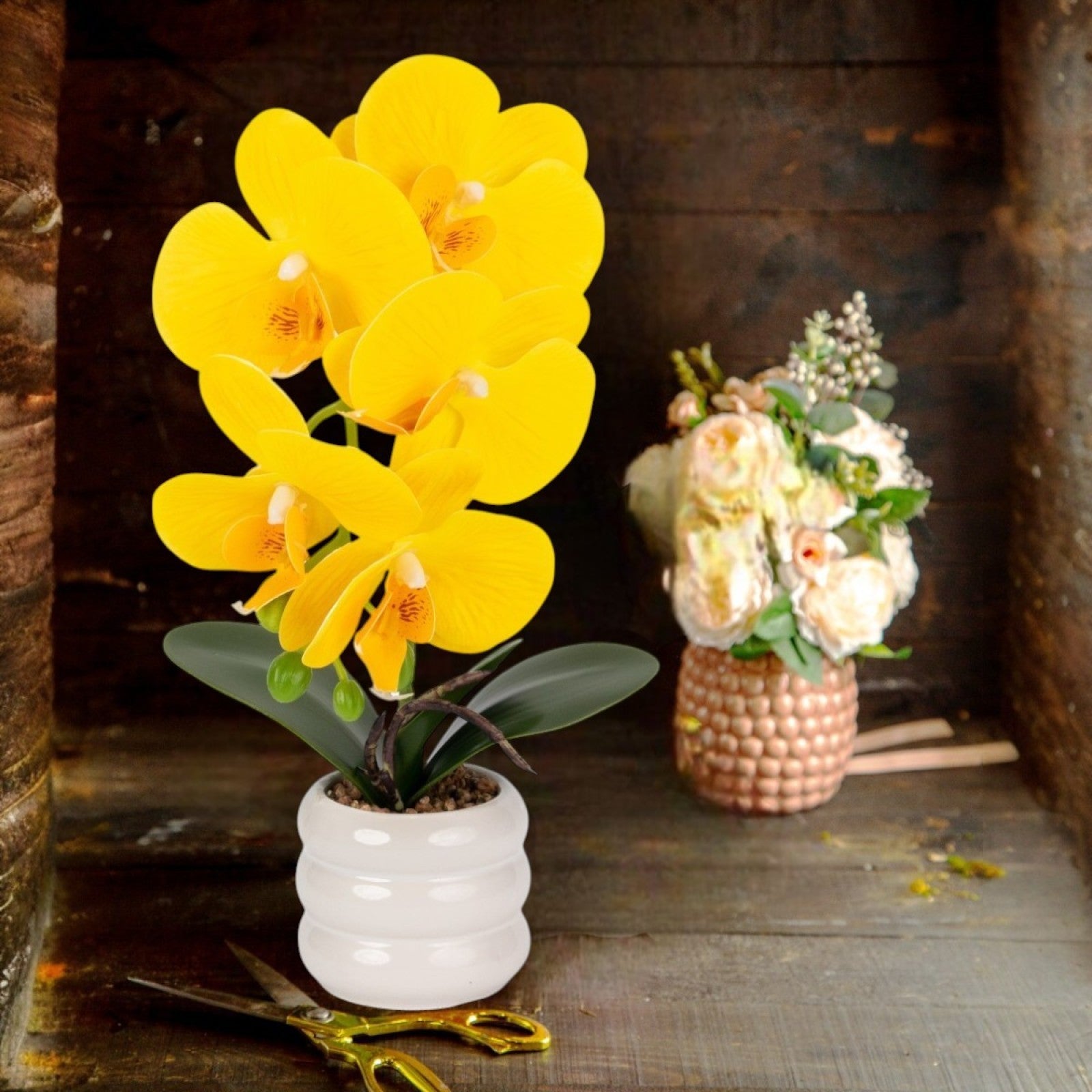 Orhidee - aspect natural în ghiveci ceramic, 40 cm, Galben |