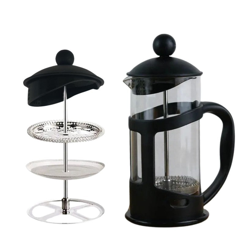 Set: Cafetieră MOKA, 6 cafele, 300 ml, Alb/Negru + Infuzor de Cafea și Ceai French Press, 600ml, Sticlă/Oțel inoxidabil ❘ D3411.negru.alb / D6969