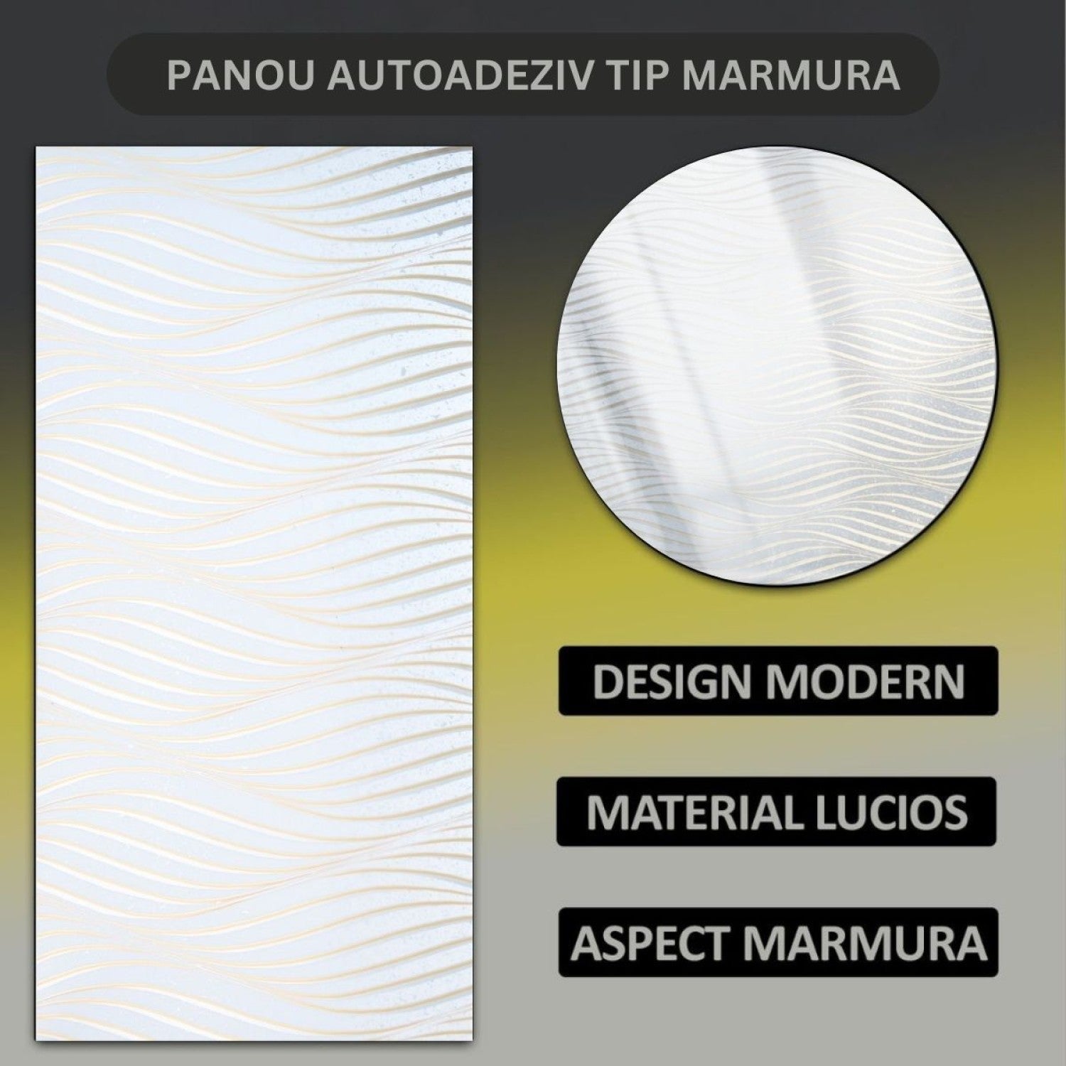 Set 6 panouri decorative autoadezive cu folie de aluminiu, design cu linii, suprafața acoperită 1.08 m², 60x30 cm, Negru/Alb/Gri deschis/Alb-gri ❘ D71__