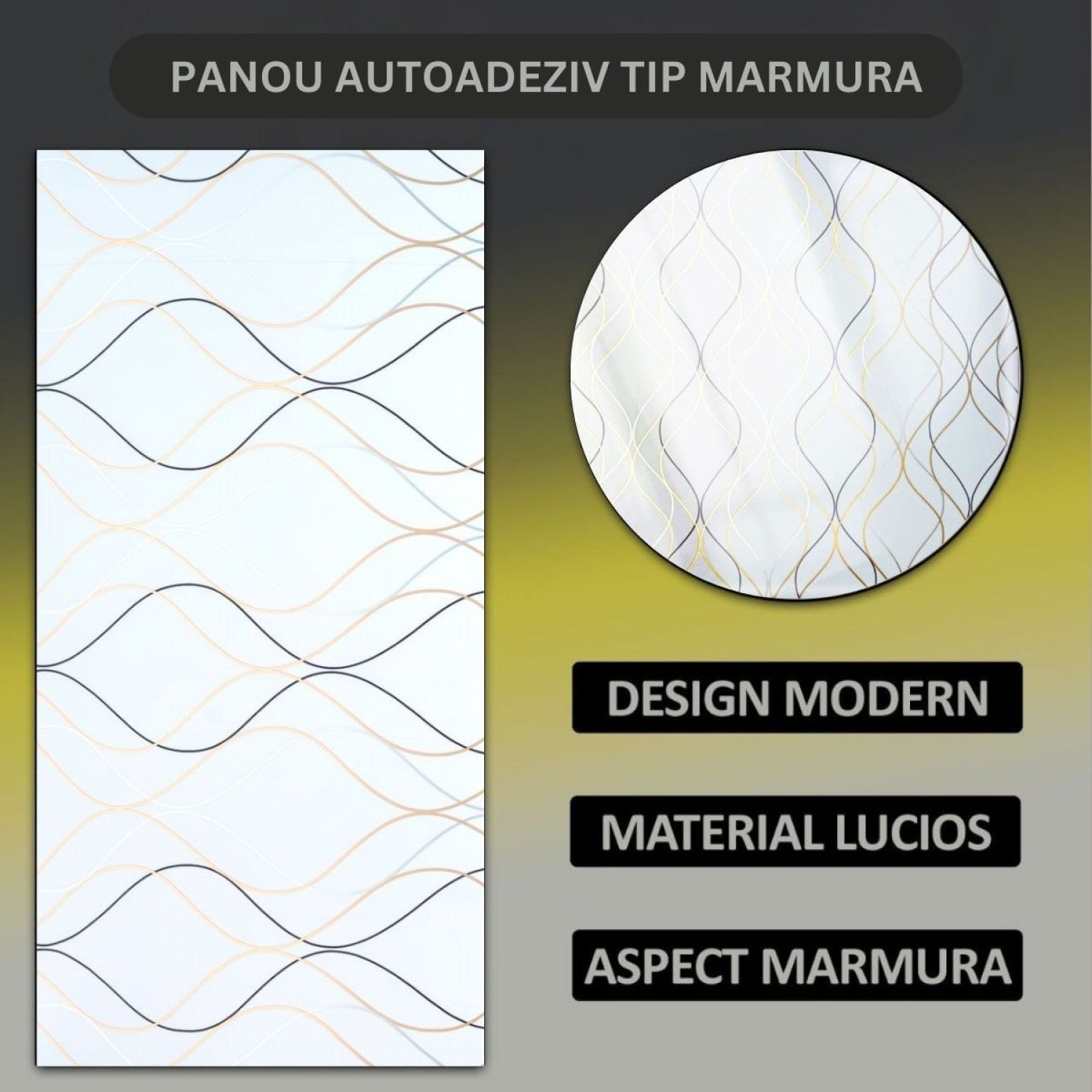 Set 6 panouri decorative autoadezive cu folie de aluminiu, design cu linii, suprafața acoperită 1.08 m², 60x30 cm, Negru/Alb/Gri deschis/Alb-gri ❘ D71__