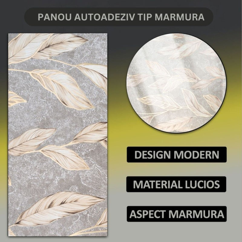 Set 6 panouri decorative autoadezive cu folie de aluminiu, model cu pene, suprafața acoperită 1.08 m², 60x30 cm, Gri/Verde/Alb ❘ D7114-Set6 / D7115-Set6 /  D7109-Set6