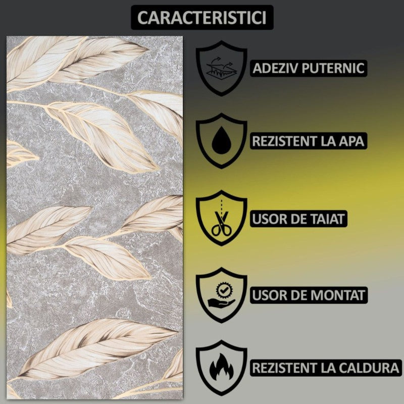 Set 6 panouri decorative autoadezive cu folie de aluminiu, model cu pene, suprafața acoperită 1.08 m², 60x30 cm, Gri/Verde/Alb ❘ D7114-Set6 / D7115-Set6 /  D7109-Set6