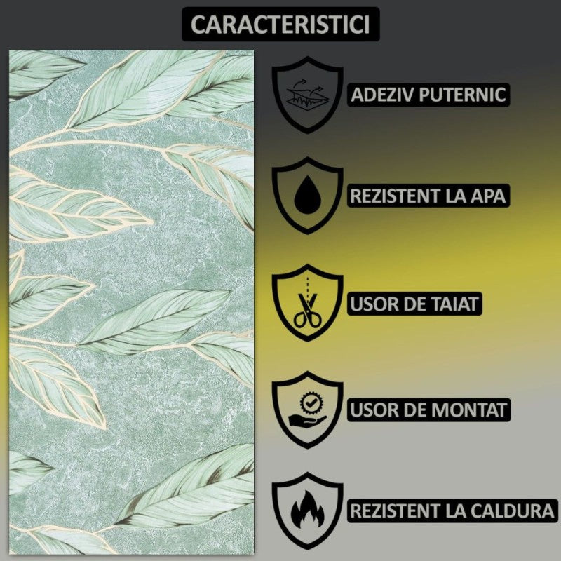 Set 6 panouri decorative autoadezive cu folie de aluminiu, model cu pene, suprafața acoperită 1.08 m², 60x30 cm, Gri/Verde/Alb ❘ D7114-Set6 / D7115-Set6 /  D7109-Set6