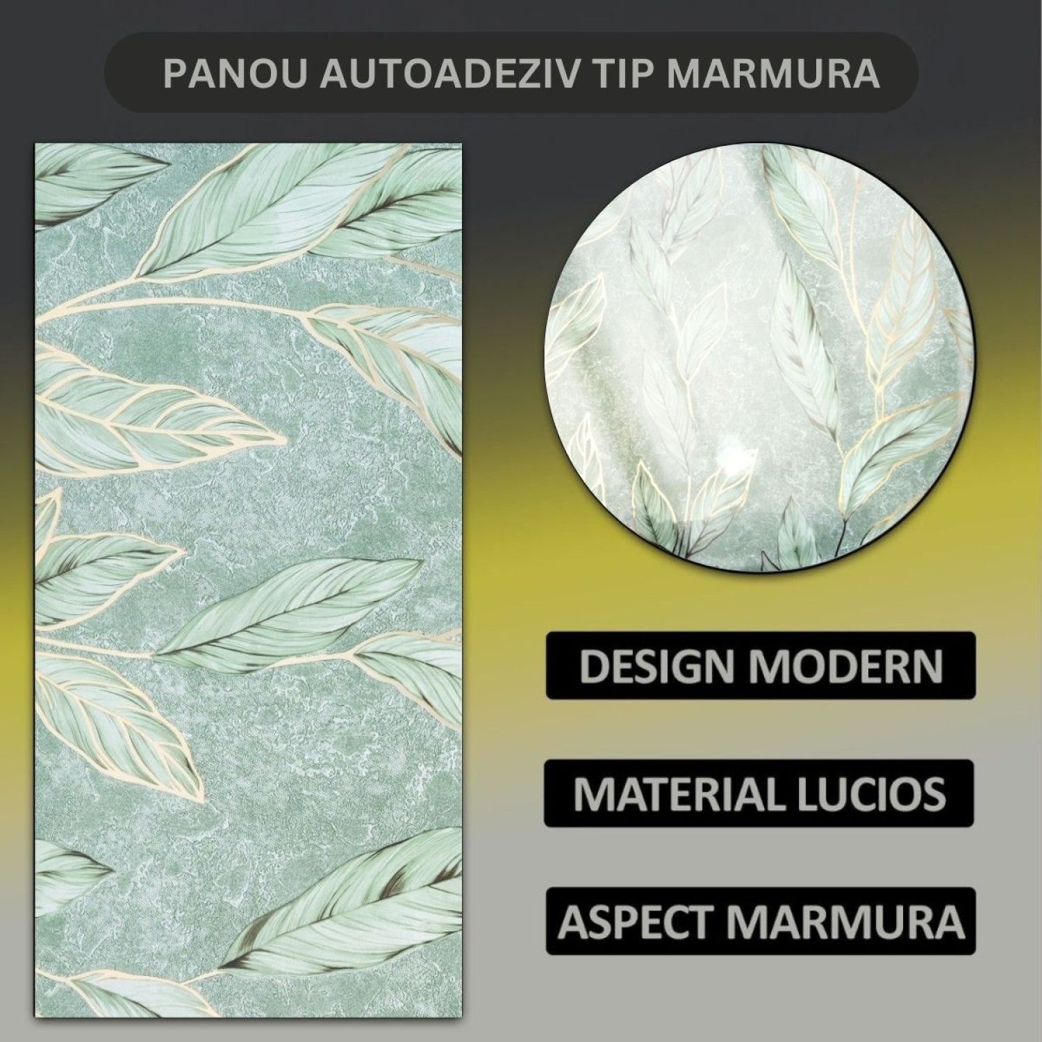 Set 6 panouri decorative autoadezive cu folie de aluminiu, model cu pene, suprafața acoperită 1.08 m², 60x30 cm, Gri/Verde/Alb ❘ D7114-Set6 / D7115-Set6 /  D7109-Set6