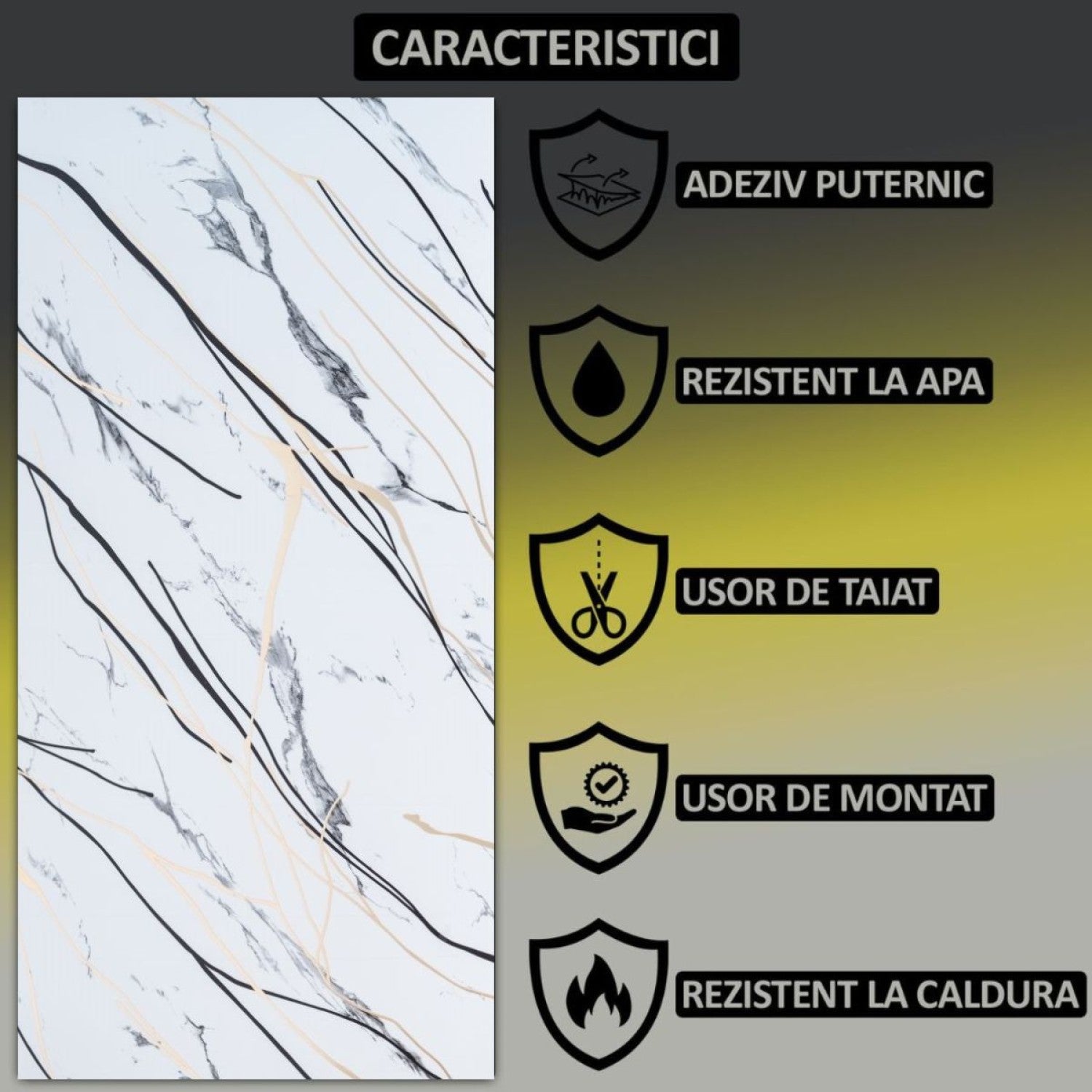 Set 6 panouri decorative autoadezive cu folie de aluminiu, design cu linii, suprafața acoperită 1.08 m², 60x30 cm, Negru/Alb/Gri deschis/Alb-gri ❘ D71__