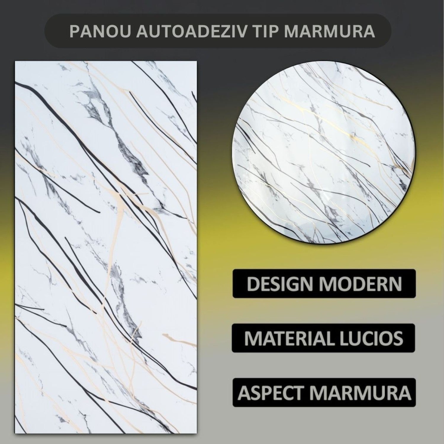 Set 6 panouri decorative autoadezive cu folie de aluminiu, design cu linii, suprafața acoperită 1.08 m², 60x30 cm, Negru/Alb/Gri deschis/Alb-gri ❘ D71__