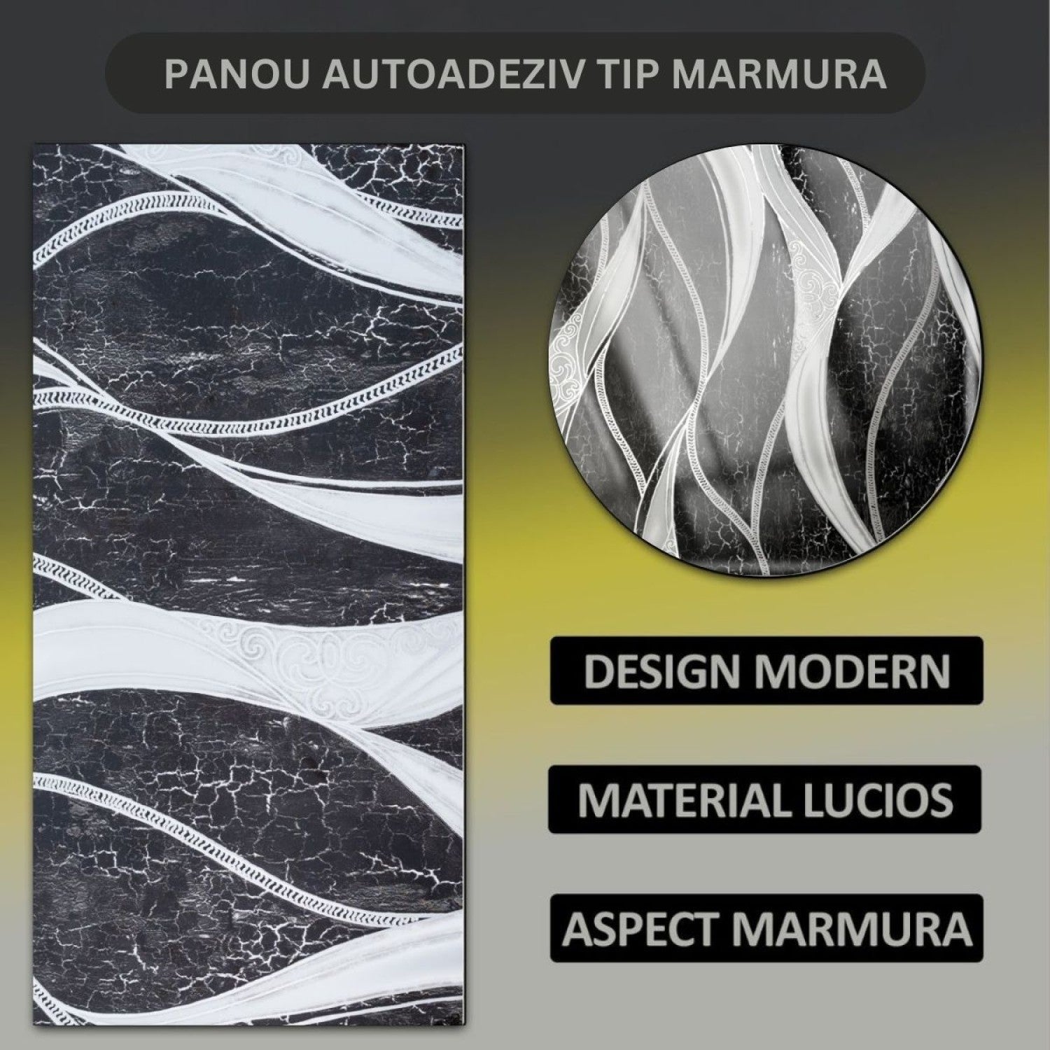 Set 6 panouri decorative autoadezive cu folie de aluminiu, design cu linii, suprafața acoperită 1.08 m², 60x30 cm, Negru/Alb/Gri deschis/Alb-gri ❘ D71__