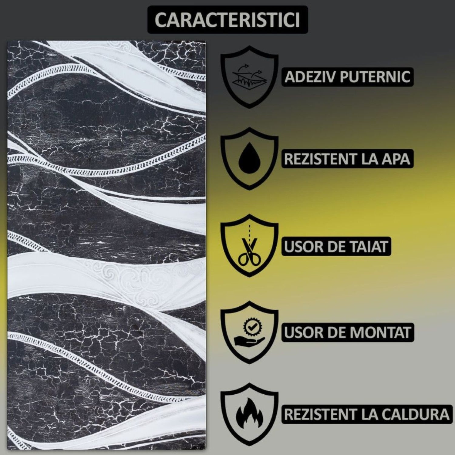 Set 6 panouri decorative autoadezive cu folie de aluminiu, design cu linii, suprafața acoperită 1.08 m², 60x30 cm, Negru/Alb/Gri deschis/Alb-gri ❘ D71__