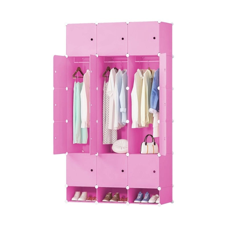 Set: Dulap Modular, 15 Uși, 197x110x37cm, Roz + Set 10 umerase, haine copii, 29x17cm, Roz| D7144 + D5543