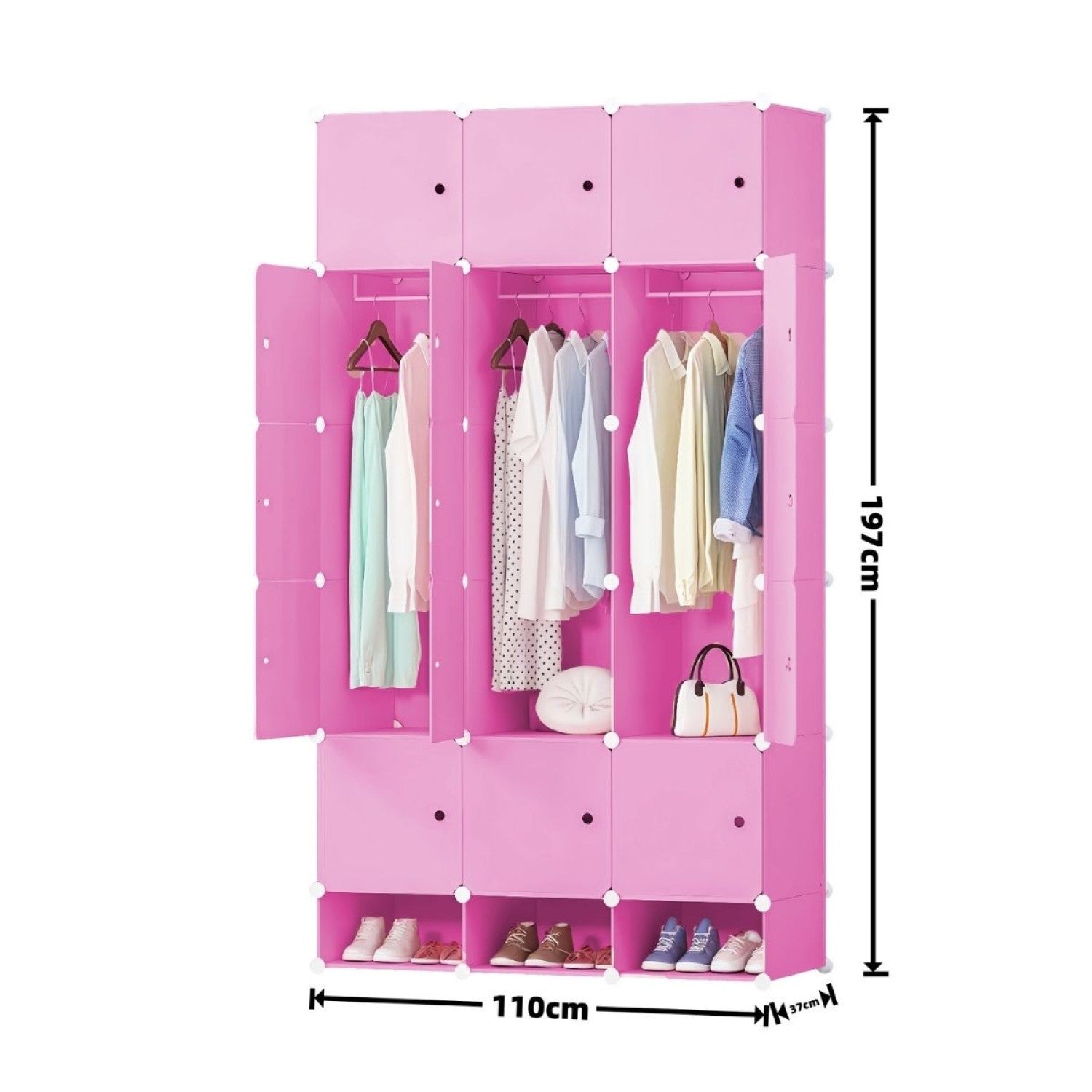 Set: Dulap Modular, 15 Uși, 197x110x37cm, Roz + Set 10 umerase, haine copii, 29x17cm, Roz| D7144 + D5543