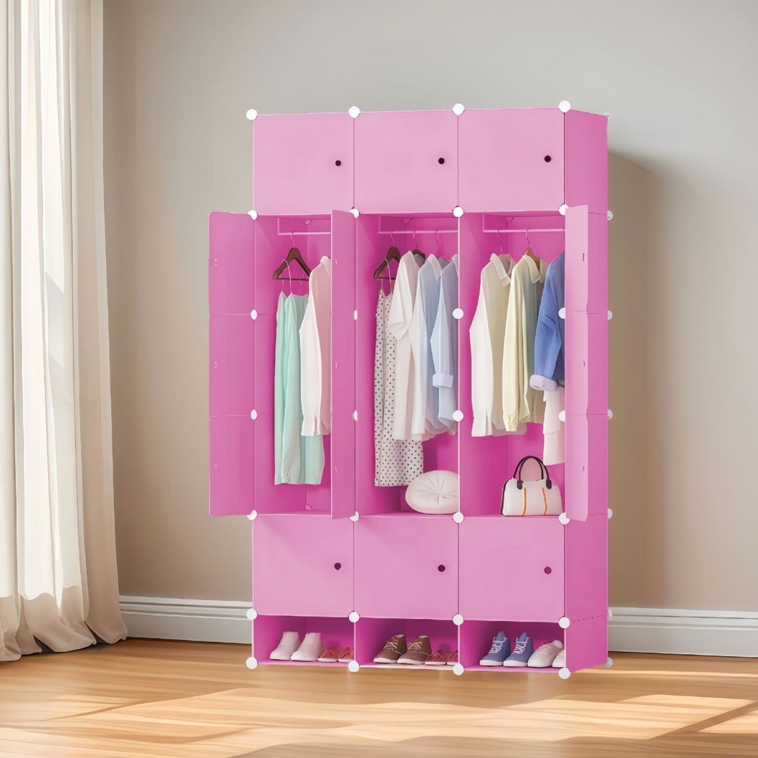 Set: Dulap Modular, 15 Uși, 197x110x37cm, Roz + Set 10 umerase, haine copii, 29x17cm, Roz| D7144 + D5543