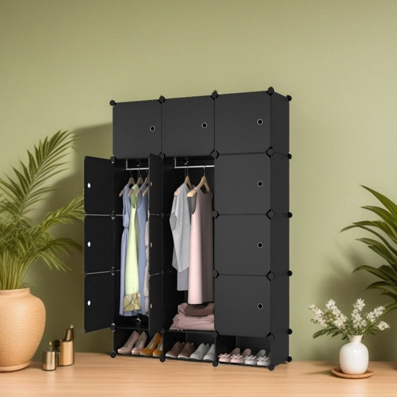 Set: Dulap Modular, 12 Uși, 127x75x37cm, Negru + Periuta de Dinți Circulară U-shape, pentru Copiii de 6-12 ani, Albastru| D7151 + D4376-Albastru-Drept