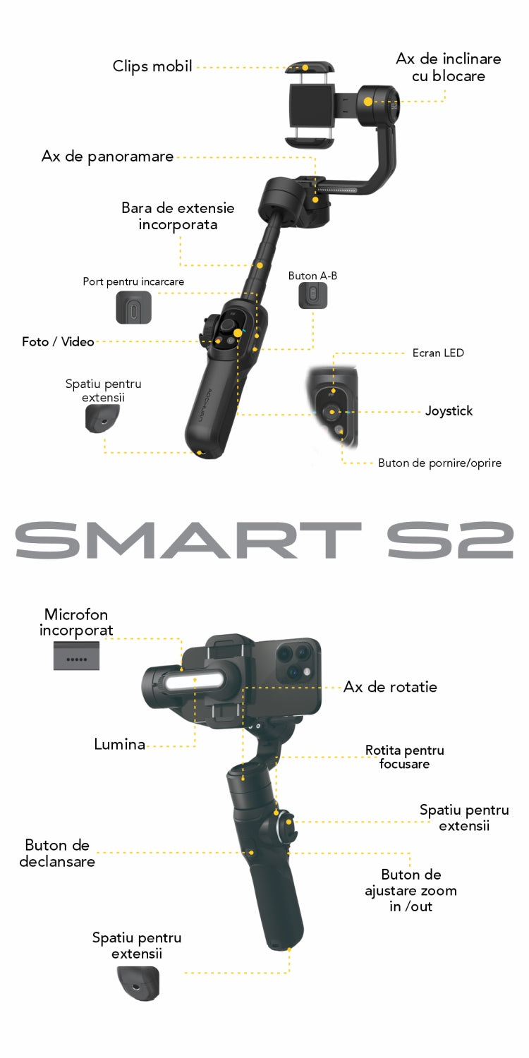 Gimbal Aochuan SMART S2, cu 3 Axe, Aplicație Dedicată, Content Creator Edition, Negru Mat | D6733