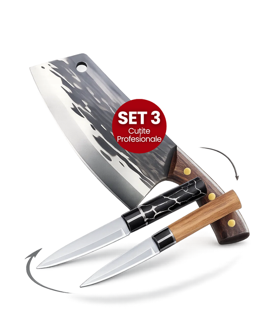 Pachet: Cuțit pentru Feliat 12 cm + Cuțit pentru Legume 12 cm + Cuțitul bucătarului, oțel inoxidabil, 31 cm ❘ D4307 + D4633 + D4632
