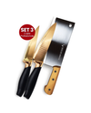 Pachet: Cuțit pentru Feliat 20 cm + Cuțitul Bucătarului 20 cm + Satâr cu Mâner de Lemn și Lama de 9" dreaptă ❘ D3366 + D3365 + D3387