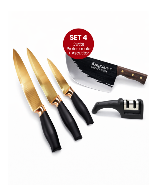 Pachet 4 Cuțite + Ascuțitor: Cuțitul Bucătarului 20 cm  + Cuțit Legume 12.5 cm + Cuțit pentru Feliat 20 cm + Cuțit Măcelar 33 cm  ❘ D3365 + D3367 + D3366 + D4304 + D446