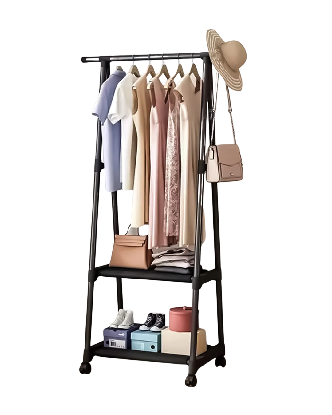 Cuier haine cu suport pentru pantofi, 160x55x42 cm, 2 polițe, metal, mobil, negru ❘ D4831-Cuier