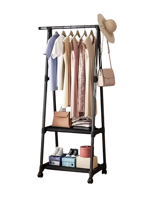 Cuier haine cu suport pentru pantofi, 160x55x42 cm, 2 polițe, metal, mobil, negru ❘ D4831-Cuier