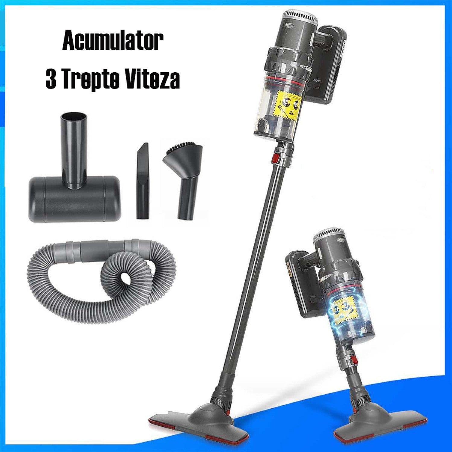 Aspirator vertical Sokany, 1.1 L, acumulator, autonomie 40 min, accesorii, gri ❘ SK-3377