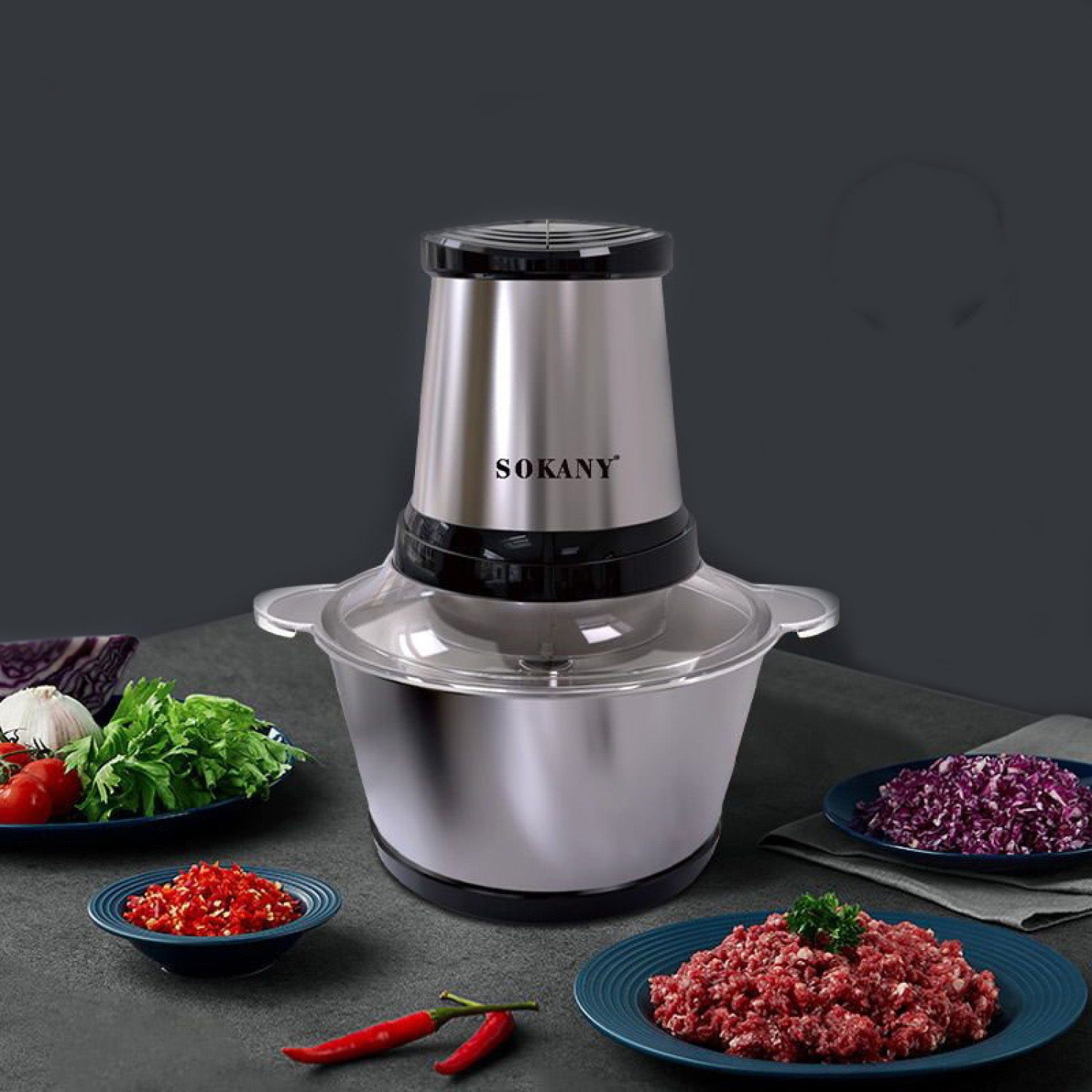 Tocător electric Sokany – 700W, 4 lame din oțel inoxidabil de înaltă calitate, bol din inox 2L, negru, performanță rapidă și durabilă  ❘ SK-LB7002A-700W